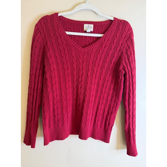 St. John's Bay Sweaters - St John's Bay Womens PL Petite Large Red Cable Knit Sweater V Neck Preppy